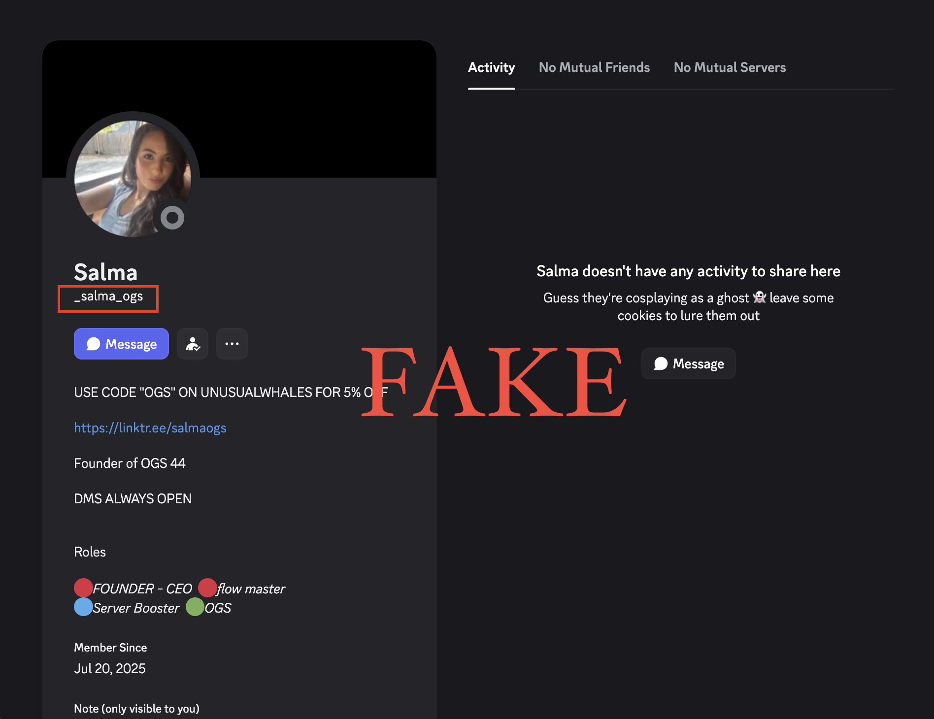 Fake Discord account impersonating Salma - username _salma_ogs